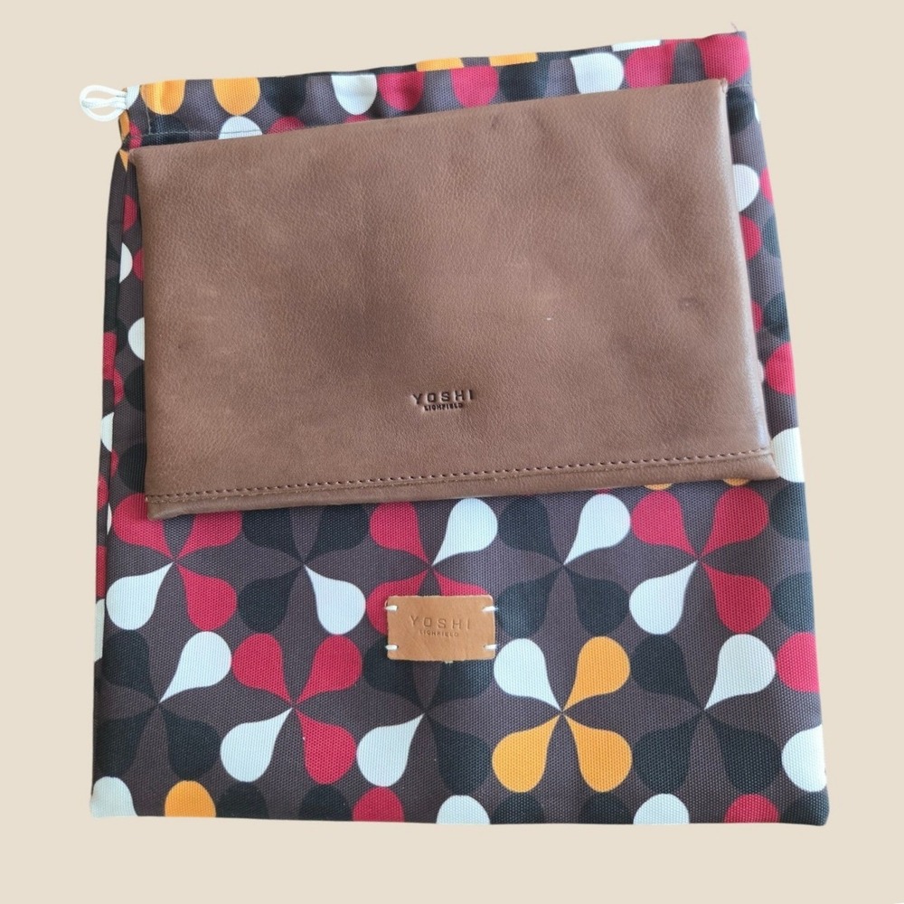 Yoshi Lichfield Tan Brown Leather Slim Clutch Bag with Floral Dust Bag Accessory